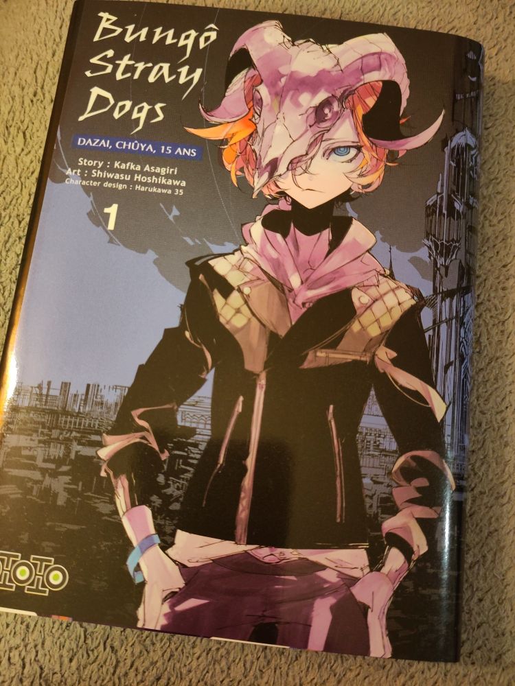 Une photo du premier tome de bungō stray dogs : dazai, chūya, 15 ans. On y voit un ado portant une veste en cuir, les mains dans les poches, couronné d'un crâne de bélier, sur fond de paysage urbain et sombre