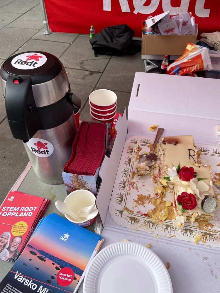 Et campingbord meg restene av ei marsipankake med et par røde roser. Kaffekanne med Rødt-klistremerke. Papir kopper står bak røde servietter. Det ligger et par Rødt-brosjyrer om lokal politikk fremst på bordet ved siden av papptallerkene.