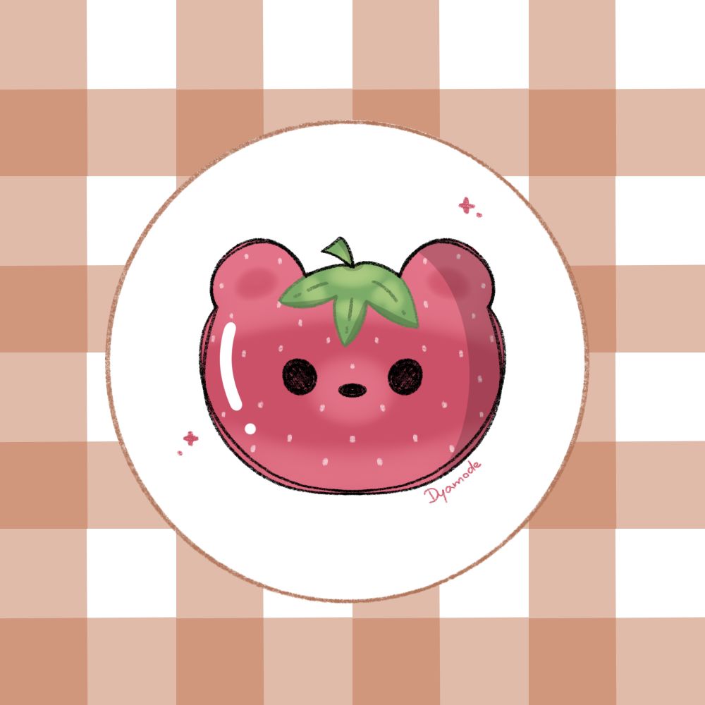 A drawing of a cute bear's head, that looks like a strawberry, in a white circle, on a brown plaid background.