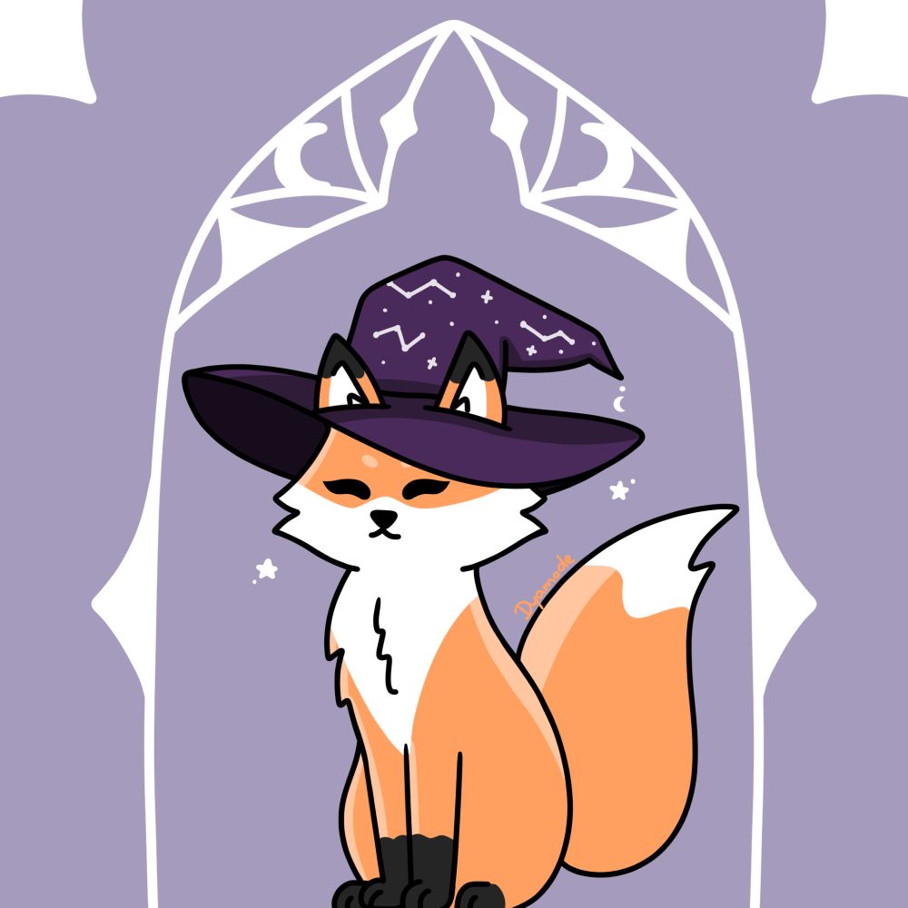 A cute red fox wearing a dark purple witch hat with star patterns on it, sitting under a white arch, on light purple/lavender background.
