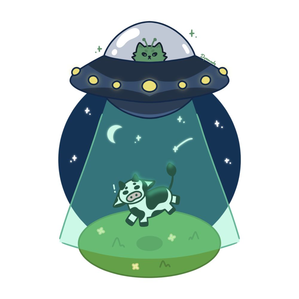 Little cow getting abducted by a "glorp" green alien cat in a spaceship, with a round night sky background and some grass on the bottom. 