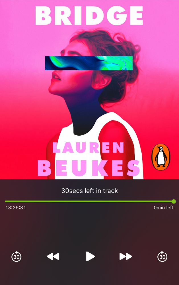 Screenshot of an audiobook player, showing the cover of Lauren Beukes’s novel ‘Bridge’. The cover shows a young white woman’s profile from the shoulders up, her head tilted upwards, with a blue and green rectangle covering her eyes. The shapes in the rectangle look ethereal, like a sonar or lava lamp. Everything else is tinted pink to match a bright pink gradient background. 