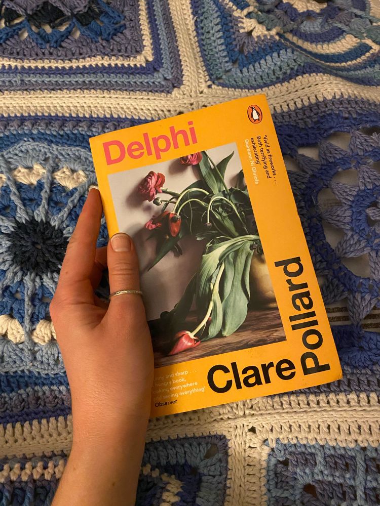 Clare Pollard’s novel ‘Delphi’: a bright yellow paperback, with an off-centre faded picture of dying pink tulips on the cover. 