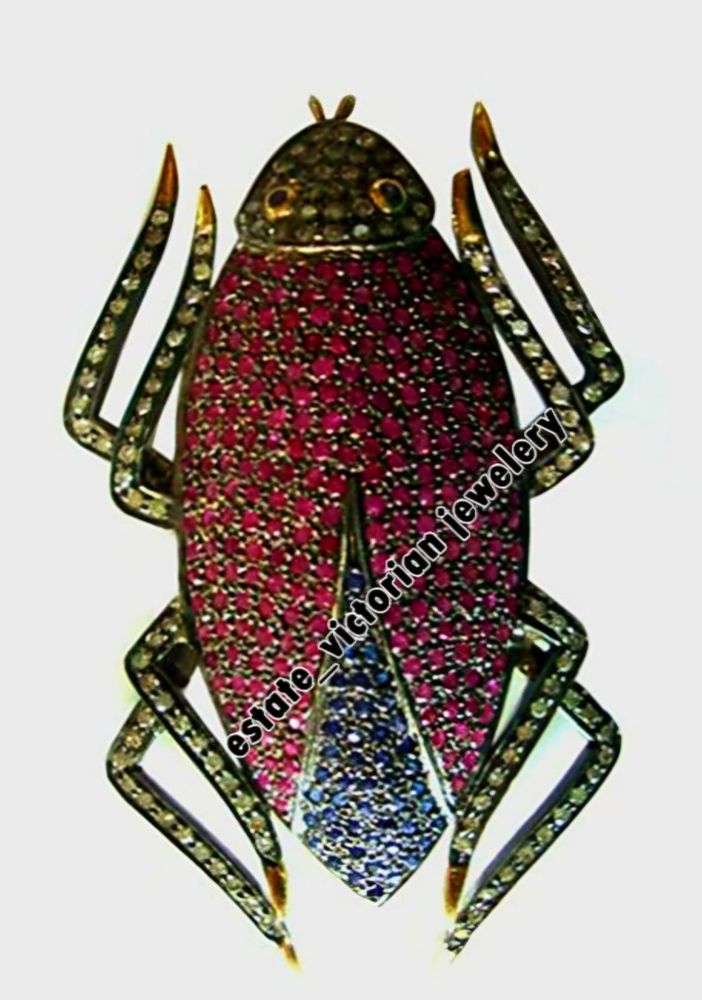 Cockroach brooch:
legs inlaid with rose cut diamonds
back pavèd with rubies & a tail section of sapphires