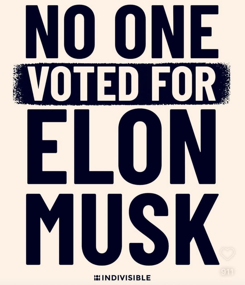 Black text on an off-white background Indivisible poster that reads, "No one voted for Elon Musk."