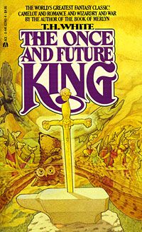 The yellow cover of a book, showing an anvil with a sword stuck into it. Behind the sword are rows of people, as well as an owl, a bear, a fish, and a raven. The title says T.H. White - The Once and Future King 