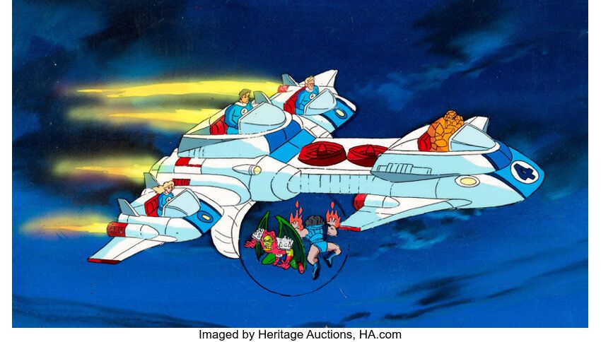 The version of the Fantasticar that appeared in the 1990s Fantastic Four animated series, which can still obviously break into four separate flying machines, specifically with wings on the front and two side sections. Its in red, white, and blue. Ben is in front, Reed in the middle back, Sue is to one side, and Johnny is to the other. There is a force field sphere projected under the ship holding Blastarr and Annihilus.