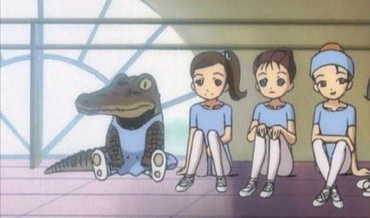 Meme of a crocodile next to anime ballerinas 