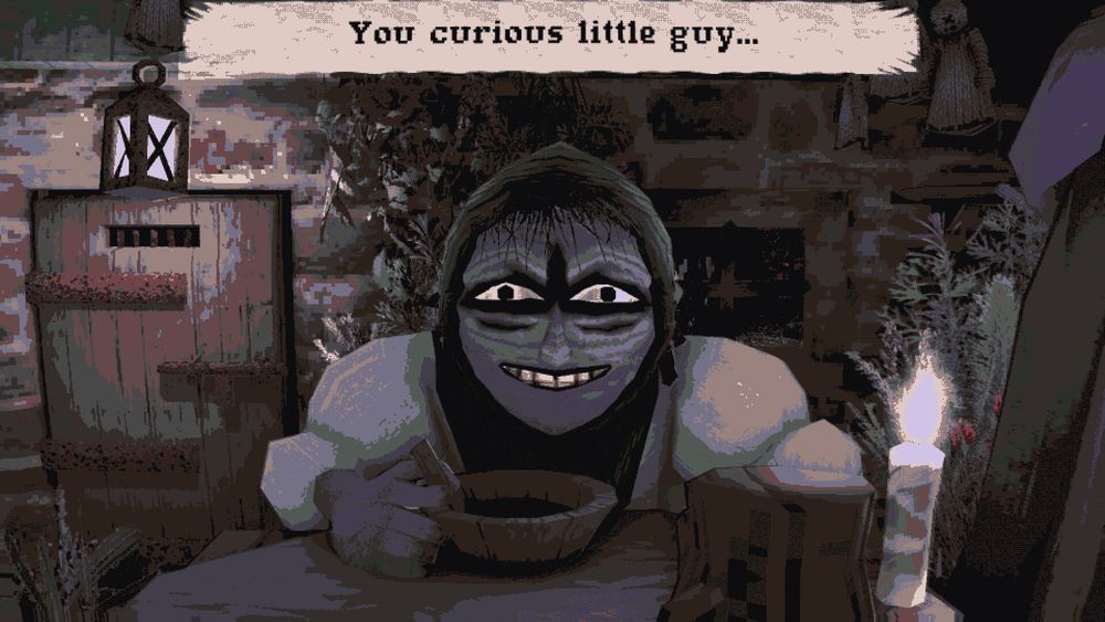 The old lady sitting at a table in her cottage with a bowl of soup, she's staring at the player character with a grin on her face and says "You curious little guy..."