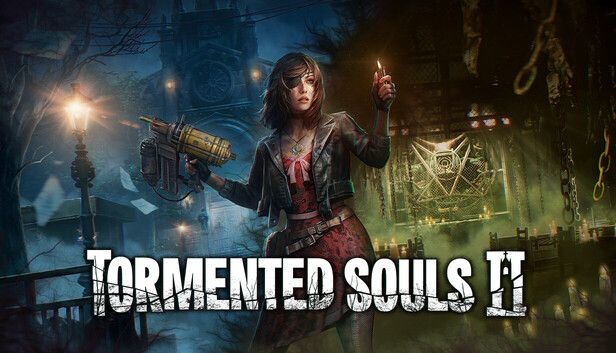 Title card for Tormented Souls 2 showing the protagonist Caroline Walker, a woman with brown hair and an eyepatch wearing a red dress and leather jacket, holding a nail gun in one hand, and a lighter in the other.