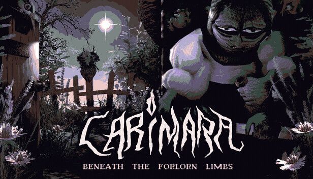 Title card for Carimara showing a creepy figure in a dark woodsy setting with the moonlight peering from the background