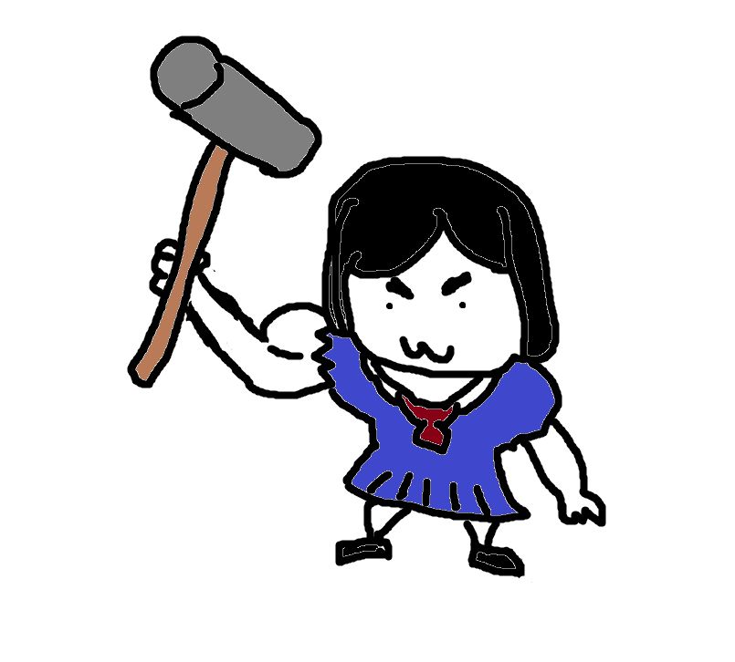 The protagonist of Silent Hill f Hinako, a Japanese girl in a blue school uniform, with one beefy arm and holding a sledge hammer, but all drawn really poorly in MS Paint. 