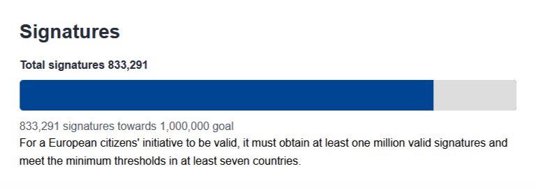 Screenshot of the signatures bar on the Stop Killing Games petition, showing the bar nearly full and the total signatures at 833,291