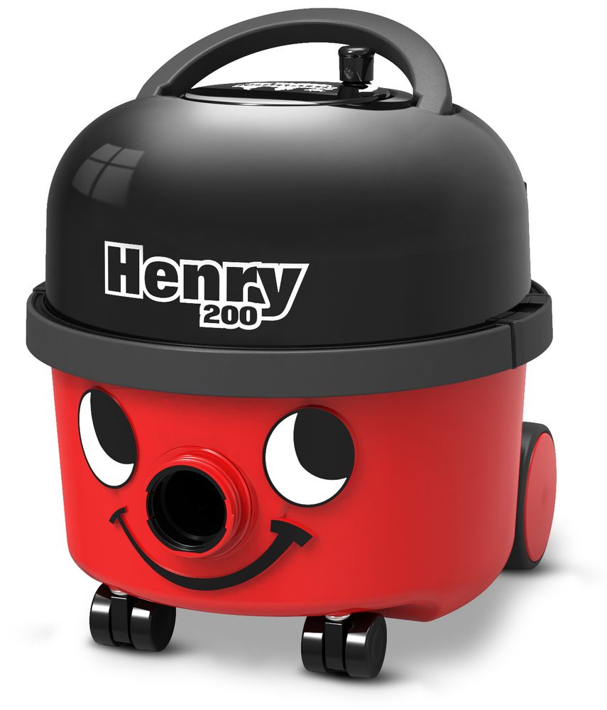 A Henry vacuum cleaner, he's got a red body and a black hat, with a smile and big eyes