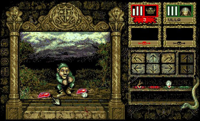 Screenshot from the Nightmare game on the Amiga, there's a little goblin man up to no good 