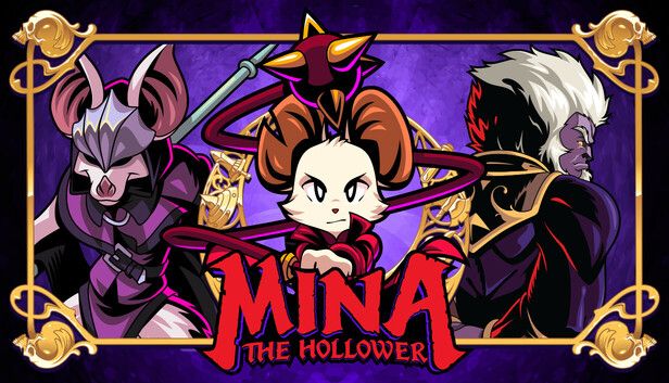 Title card for Mina The Hollower, showing the cartoon mouse protagonist wielding some sort of whip with a spiked ball on the end 