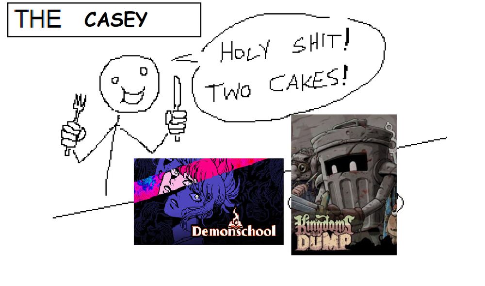 Two cakes meme, with the games Demonschool and Kingdoms of the Dump instead of cakes 