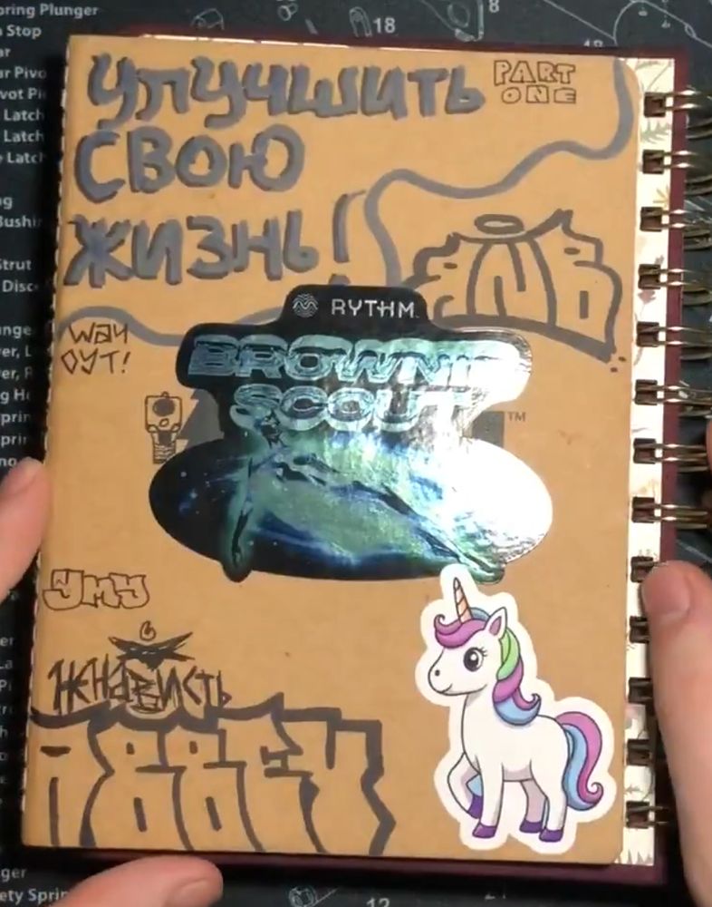 Улучшить своно кизнь! [Russian: Improve your life!] Part one ЯNB [stylized 'RnB'] WAY OУT [stylized 'WAY OUT'] RYTHM BROWNIE SCOUT [a strain of cannabis] УМУ [tag? perhaps Russian: 'mind' in the dative singular?] ЖНаВИКТь ['zhnavikt.' tag?] АВВСУ [or ABBCY or ABBEY? tag?] [a sticker of a unicorn]