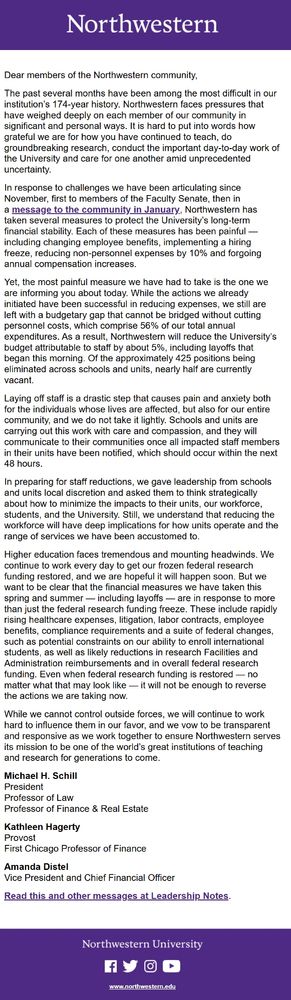 an email from Northwestern. read their announcement at the link below.