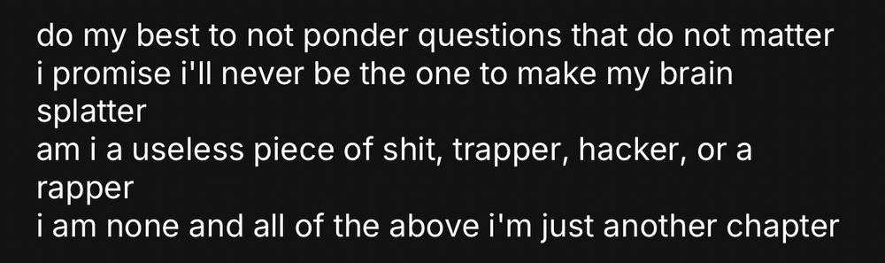 Do my best to not ponder questions that do not matter
I promise I'll never be the one to make my brain splatter
Am I a useless piece of shit, trapper, hacker, or a rapper?
I am none and all of the above, I'm just another chapter

yung innanet - 0x3b
