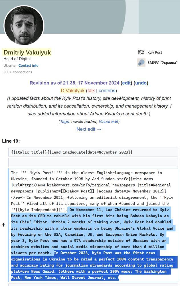 a collage. on the top is the linkedin page for Dmitriy Vakulyuk, Head of Digital at the Kyiv Post. on the bottom is a wikipedia edit to the Kyiv Post article by user 