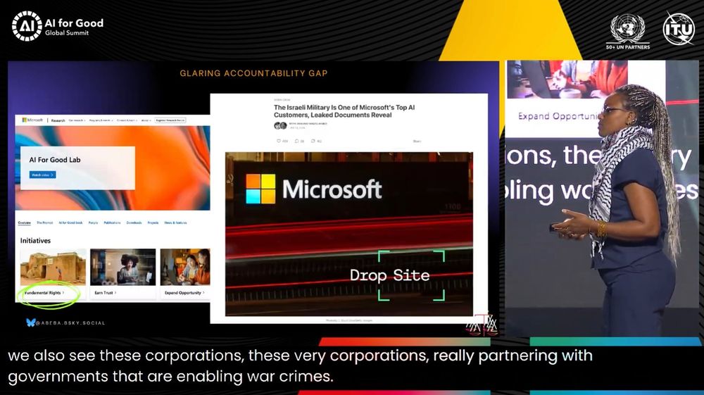 Dr. Abeba Birhane points out that Microsoft claims "AI for Good" but plays an active role in genocide