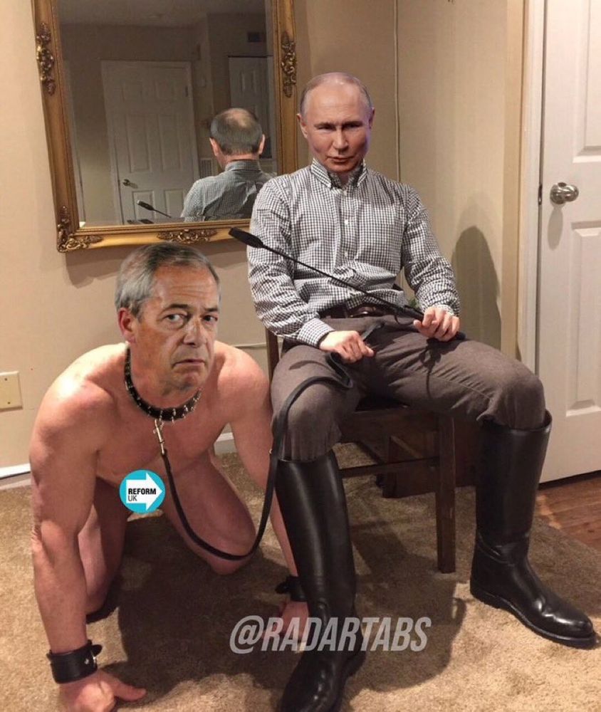 Ai image of Nigel Farage wearing a collar for Putin