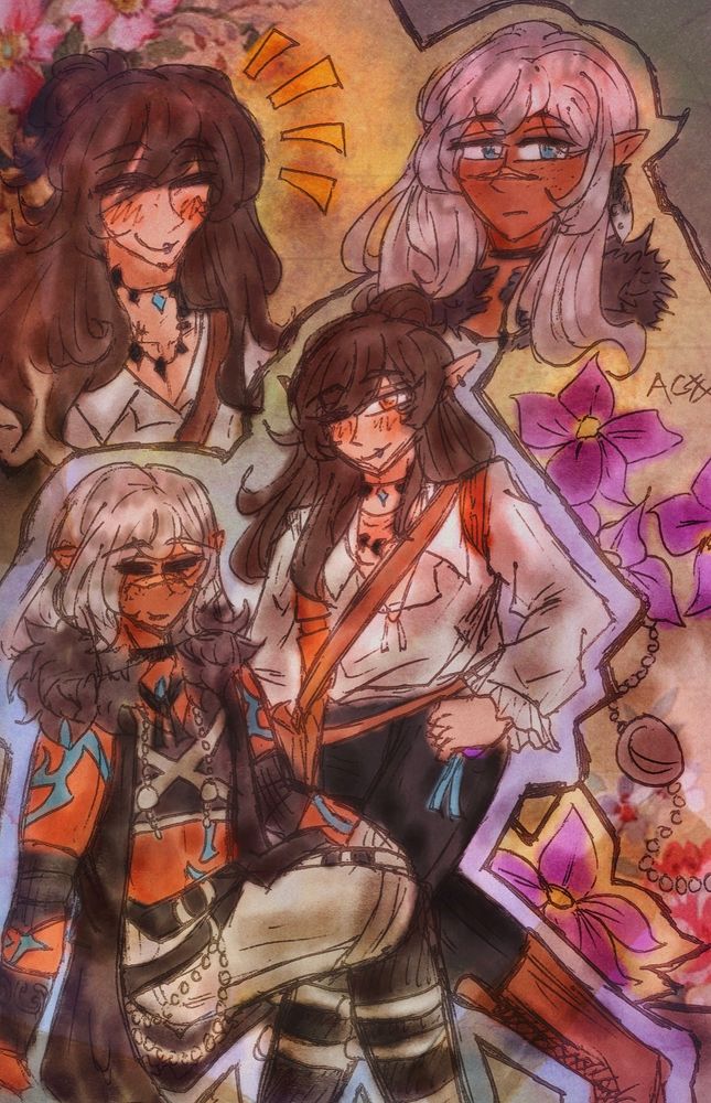 A digital watercolor-like sketch page of two OCs  (Yldran Sven and Kane Liathoris) belonging to LilythZelanaith on AF. The drawing contains two fullbodies and two busts, along with some purple flowers.