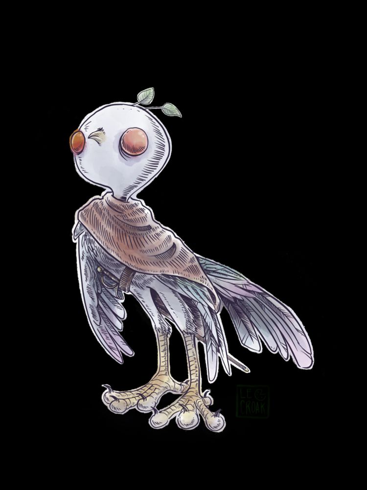 Drawing of an awkward anthropomorphic bird with  leaves for hair and a cloak