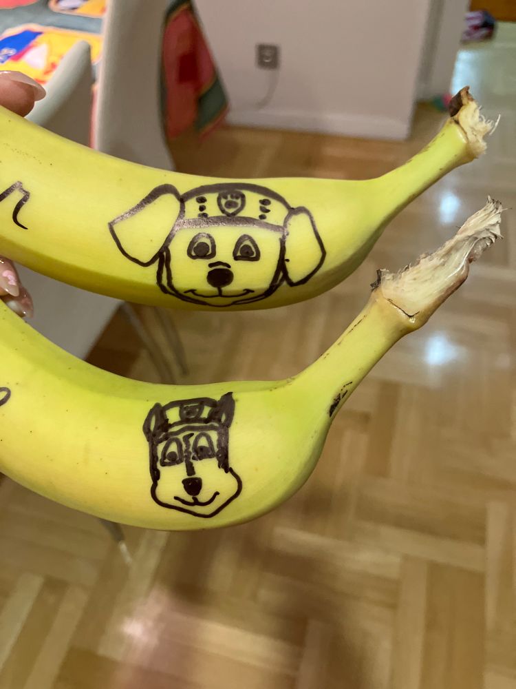 two bananas with drawings of paw patrol characters in permanent marker on the peels: one of zuma and one of chase