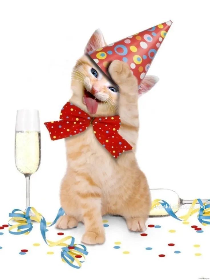 chat qui tire la langue en mode crazy 🤪, il porte un chapeau de fête qu'il tient avec sa patte ainsi qu'un noeud papillon ; une coupe de champagne est posée à côté de lui