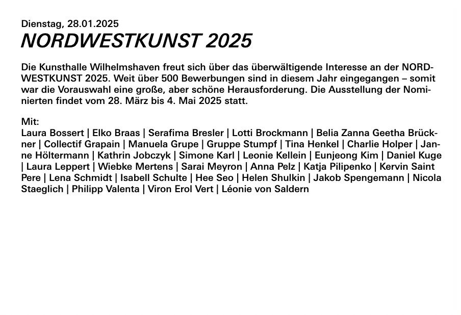 Nominees of the artprize NORDWESTKUNST at Kunsthalle Wilhelmshaven 