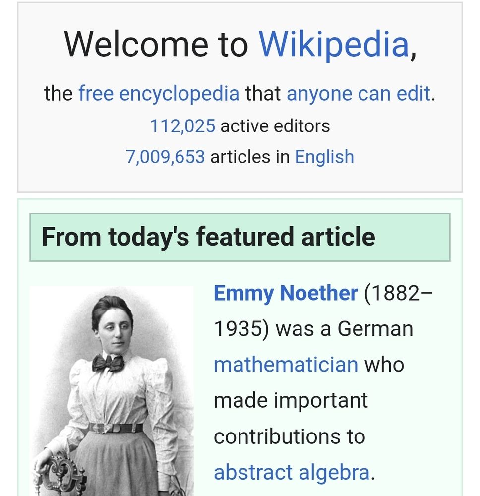 wikipedias featured article of the day is the page for Emmy noether 