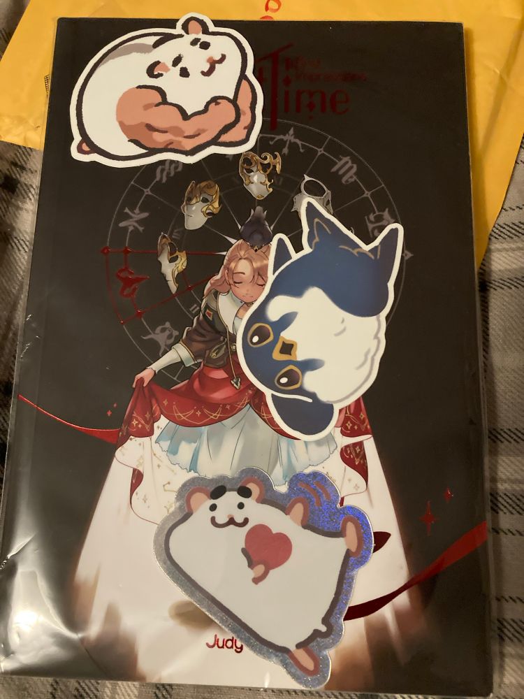 Three stickers, a hamster with absolutely jacked arms, a bird loafing, and hamster surrounded by glitter waving henlo