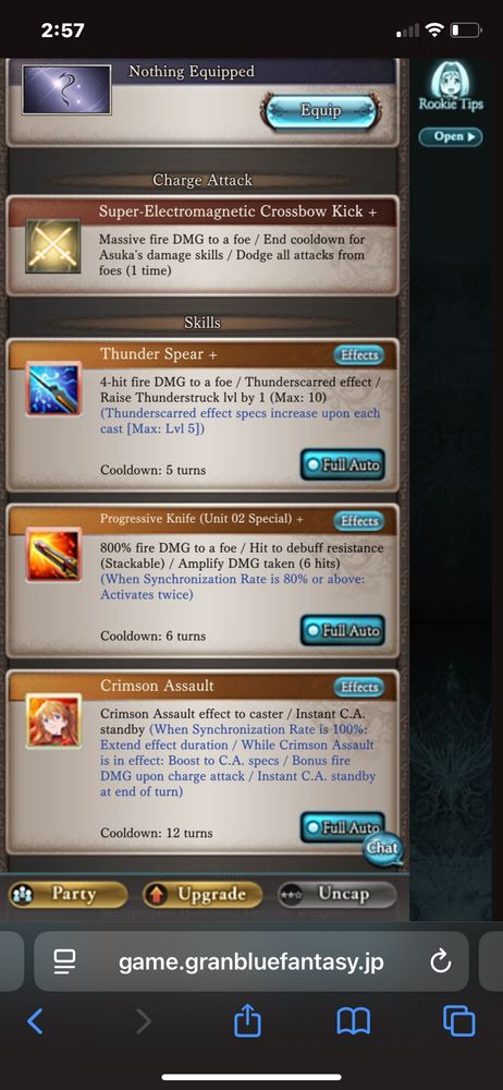 Charge Attack 

Super-Electromagnetic Crossbow Kick	450% Fire damage to a foe.[1]
End cooldown for Asuka's damage skills.
Gain Dodge All (1 time)
.