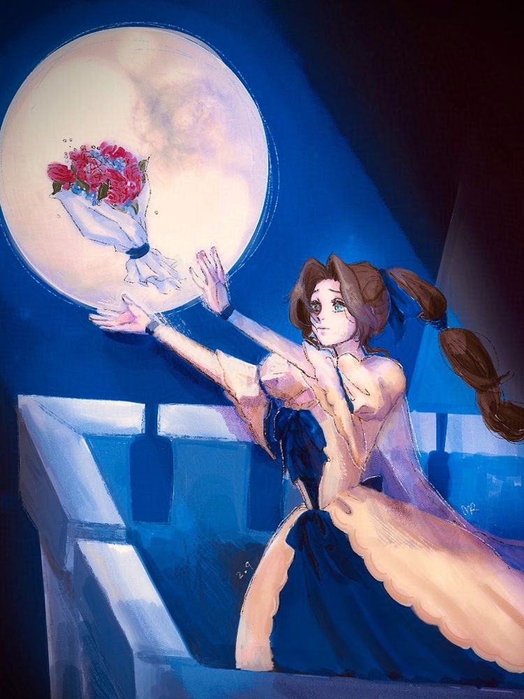 Aerith Gainsborough in a stage costume gown, standing on a rampart balcony and casting a bouquet of roses, forget-me-nots and baby's breath into the moonlit air.