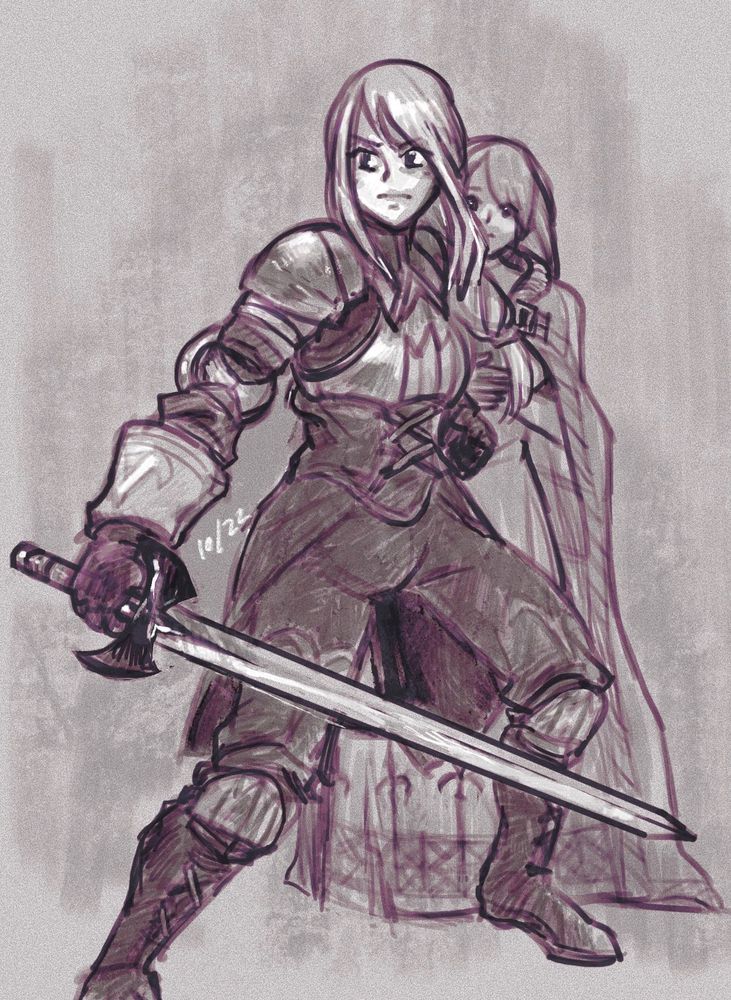 Monochrome digital sketch of characters from Final Fantasy Tactics.  Agrias Oaks standing in front of Ovelia Atkascha as if to shield her from harm.