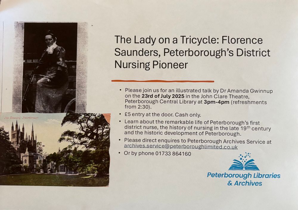 Flier for an event in Peterborough, UK. There is a black and white photograph on a woman on a large tricycle circa 1890 and another photograph of the city’s Cathedral with the Deanery in the foreground. 