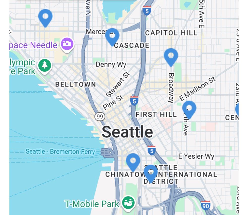 Map of Seattle showing blue pins around but not in downtown 