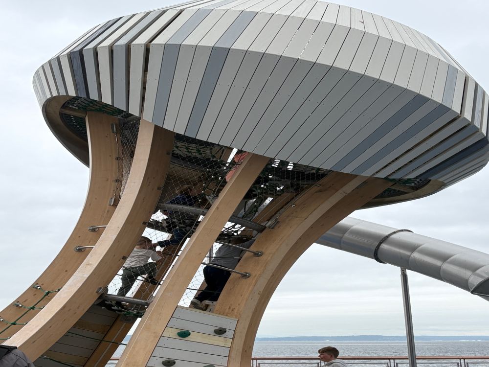 Close up of children climbing inside of jellyfish shaped playground climber just opened on Seattle waterfront 