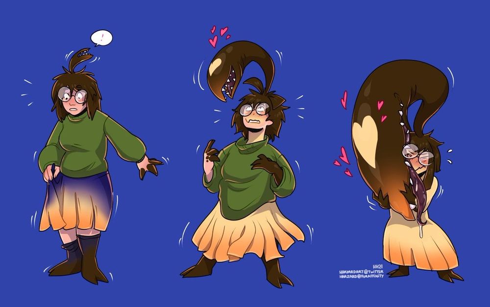 A three step transformation sequence of a messy haired woman in large glasses changing into a mawile, her skirt merging becoming the frilly leg coverings and shoes changing to two toed feet. The maw growing from the back of her head has little hearts surrounding it and insists on big drooly cuddles with the woman.