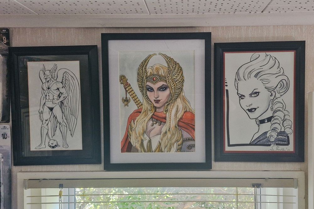 3 framed pictures above a window. On the left, a pen drawing of Hawkman (bare chested barbarian guy with wings) by Mike DeCarlo. Middle picture is a watercolour bust of She-Ra (young woman, long blonde hair, gold headdress, red cloak, and sword) by Tess Fowler Gutierrez. On the right, greyscale marker headshot of Jeannette (elegant woman with long curly hair) by Nicola Scott.