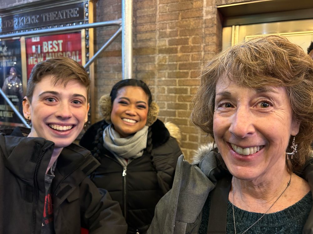A picture of me, my mom, and one of the Hadestown ensemble members