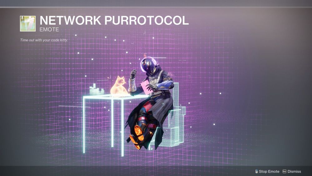 An emote of petting a cat at a desk while listening to music