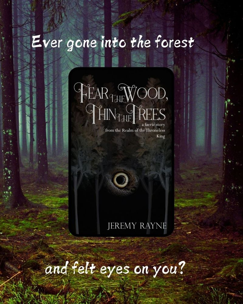 Have you ever gone into the forest and felt eyes on you? Against the backdrop of an extremely spooky misty pinewood with zero undergrowth, a book cover that's even spookier! Black background, creepy trees, an eye from the wing of a moth watching you. The book it called Fear the Wood, Thin the Trees. 'A faerie story from the Realm of the Throneless King.' Author Jeremy Rayne.