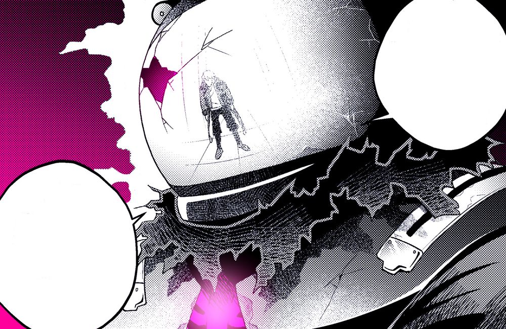 Manga panel partially colored in magenta and black. A character in a damaged dark space suit. In the glass of his partially cracked helmet is the reflection of another character who is standing in front of him.
