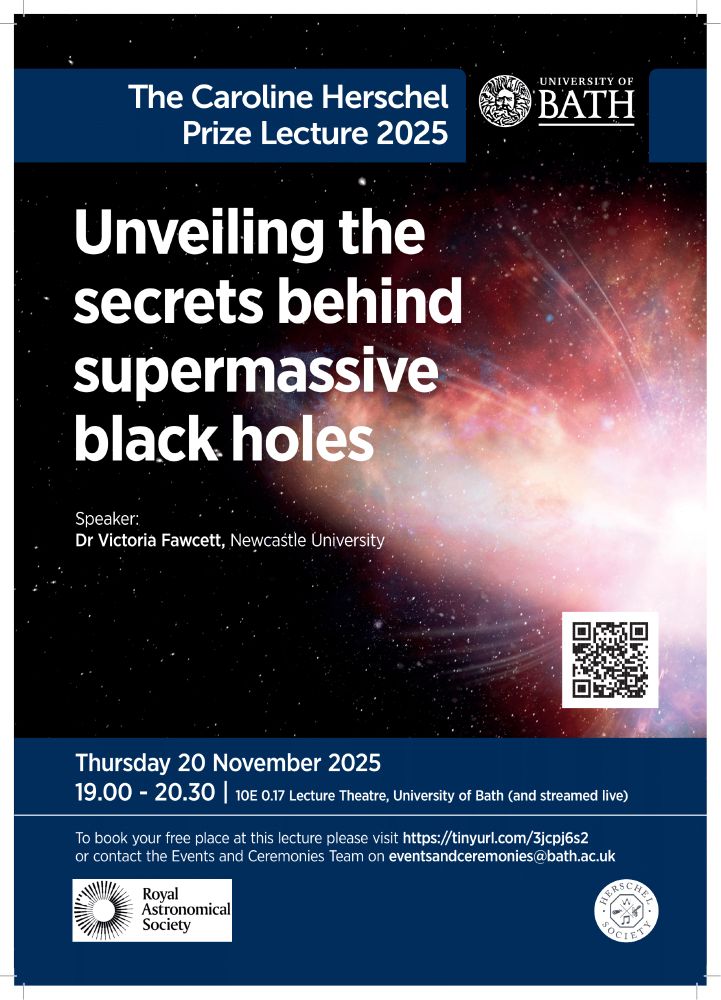 Poster outlining title and date of the Caroline Herschel Prize Lecture: Unveiling the secrets behind supermassive black holes by Dr Vicky Fawcett