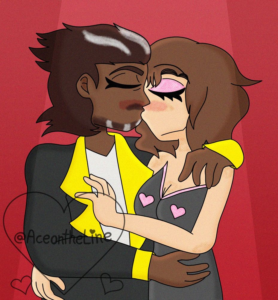 Harrison and Amy kissing under the light of the stage, announcing to his audience that they're together. 