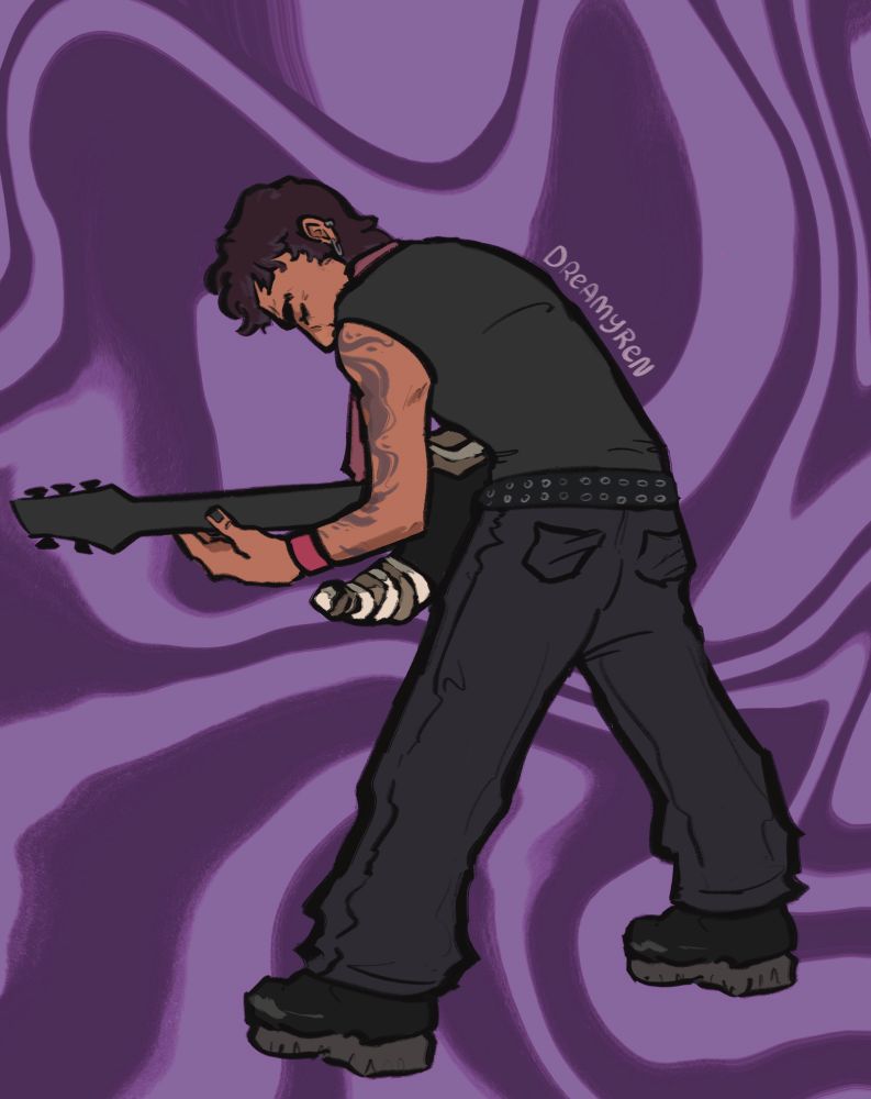 A digital illustration depicting a man playing an electric guitar against a swirling purple background. The man is seen from the back, his face in profile and his mouth and chin obscured from view by his shoulder as he leans over his guitar. The man has tan brown skin, short cropped brown hair with light streaks of gray around the temple, eyes closed and heavy brow furrowed in concentration, and two silver earrings on his visible ear—one a longer hoop on the lobe and the other a small ring further up. His nails are painted black and he wears a black tank top, a black belt with double studded silver holes lining it, black jeans and black combat boots. He has a tattoo reaching from the top of his left shoulder down his arm to his wrist, of some swirling dark pattern that resembles tendrils. The strap of his guitar is a faded red, and the guitar itself as seen from the back has a black neck, and bone decals at the top of the body. The background is composed of two tone grayish purple swirls that are wavy and distorted.

Along the sloped back of the figure is a handwritten watermark/signature that reads ‘DREAMYREN’ in all caps.