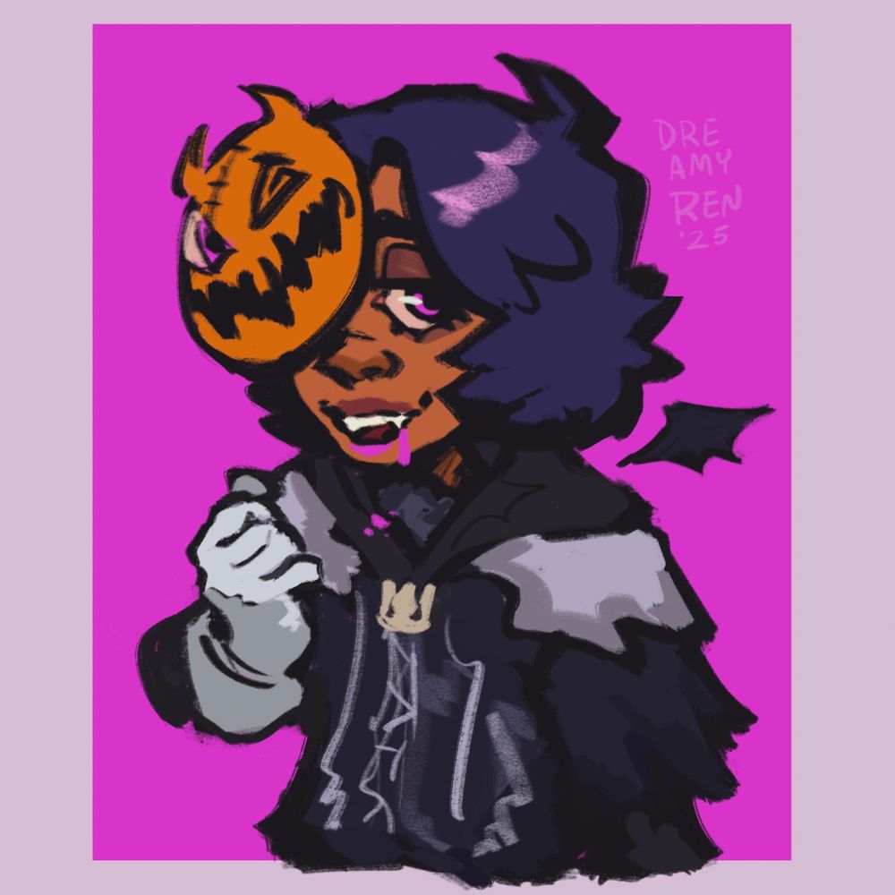 Digital illustration of a boy with tan brown skin and short, shaggy blue hair with side swept emo bangs. His attire is based on the Halloween town outfit that Sora wears in the Kingdom Hearts series—it is mainly black with some gray accents, gray gloves, a crown motif on the collar, and a little bat/demon wing sprouting out around his left shoulder. The boy is wearing a pumpkin Halloween mask on the right side of his face which covers his right eye. His visible eye is large and droopy, and the iris is a bright magenta. He is smiling with his mouth slightly open, revealing a sharp canine tooth and dripping bright magenta liquid.